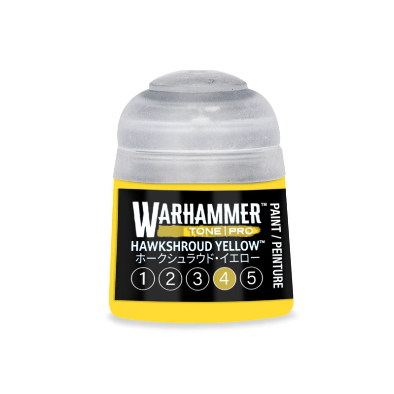 A yellow Warhammer Tone Pro paint pot with a translucent cap, labeled Hawkshroud Yellow and a scale of one to five with the number four highlighted.
