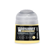 Small Warhammer Tone Pro paint pot with a yellow label featuring the text Hawkshroud Yellow and a row of circles numbered one through five, with the number five highlighted.