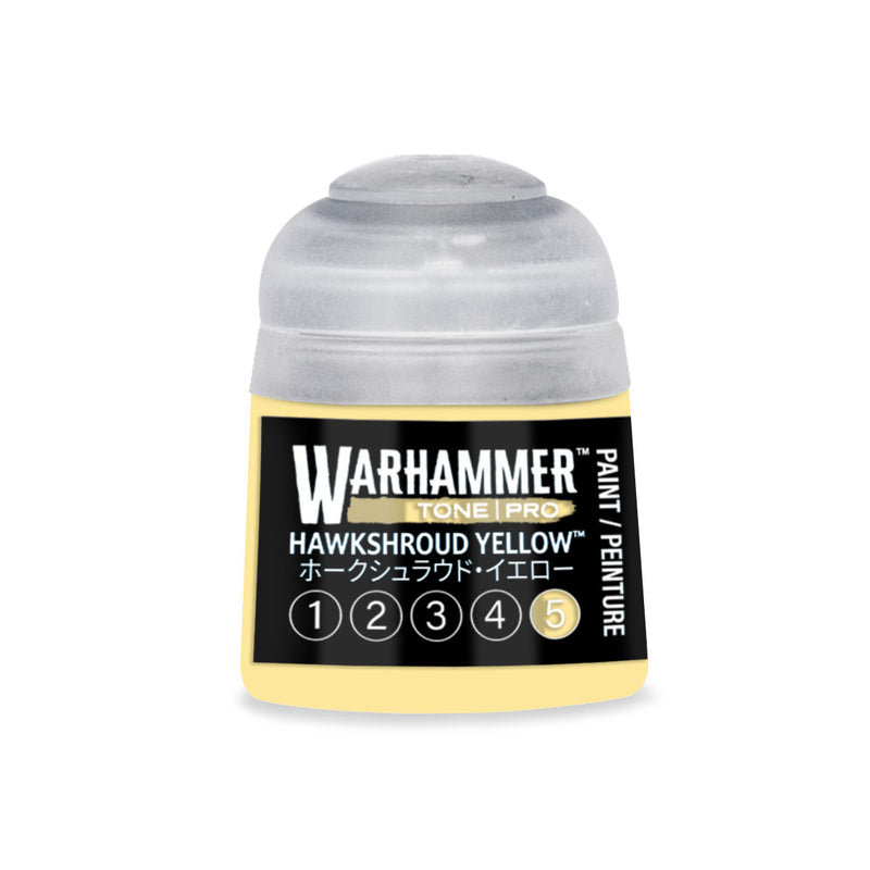 Small Warhammer Tone Pro paint pot with a yellow label featuring the text Hawkshroud Yellow and a row of circles numbered one through five, with the number five highlighted.