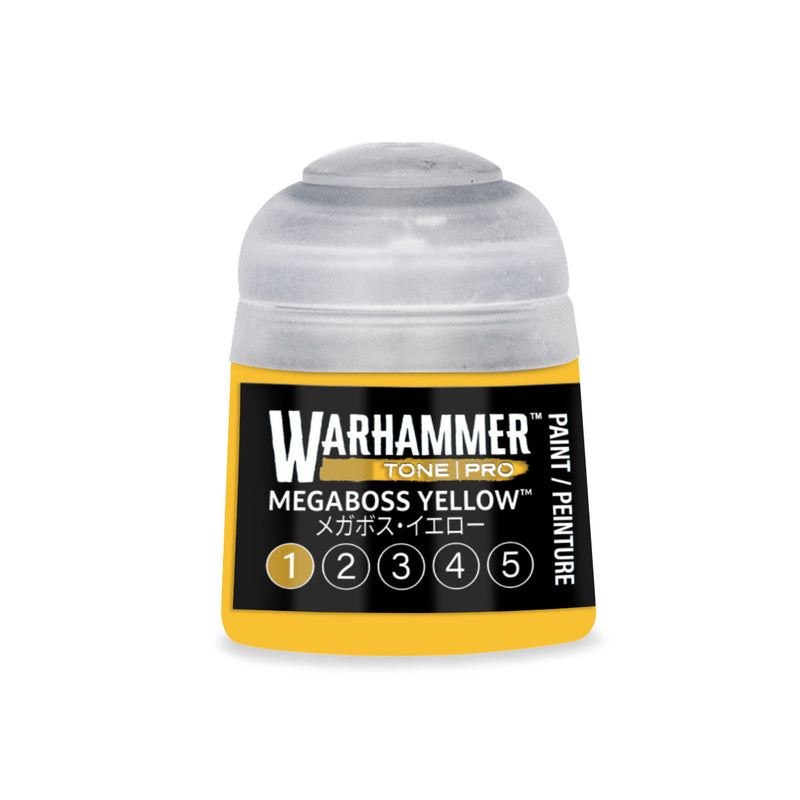 Small yellow Warhammer Tone Pro paint pot with a grey cap and a label reading Megaboss Yellow, featuring a numbered selection scale from one to five.
