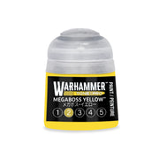 Small pot of Warhammer Tone Pro hobby paint in Megaboss Yellow, featuring a translucent cap and a label showing numbers one to five with the number two highlighted.