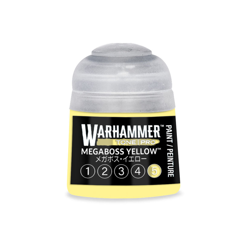 A small Warhammer Tone Pro paint pot featuring a label with the text Megaboss Yellow and a numbered scale from one to five, with the number five highlighted.