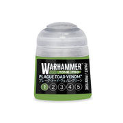 A plastic Warhammer Tone Pro pot of green paint labeled Plague Toad Venom, featuring a numbered scale from one to five.