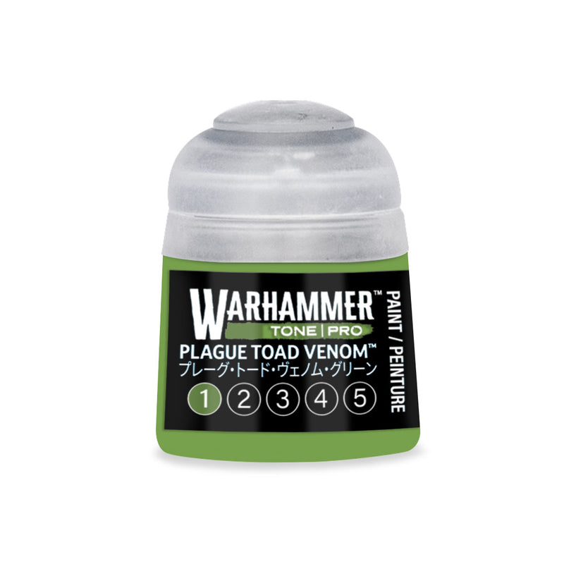 A plastic Warhammer Tone Pro pot of green paint labeled Plague Toad Venom, featuring a numbered scale from one to five.