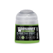 Pot of bright green Warhammer Tone Pro miniature paint labeled Plague Toad Venom, featuring numbered circles one through five.
