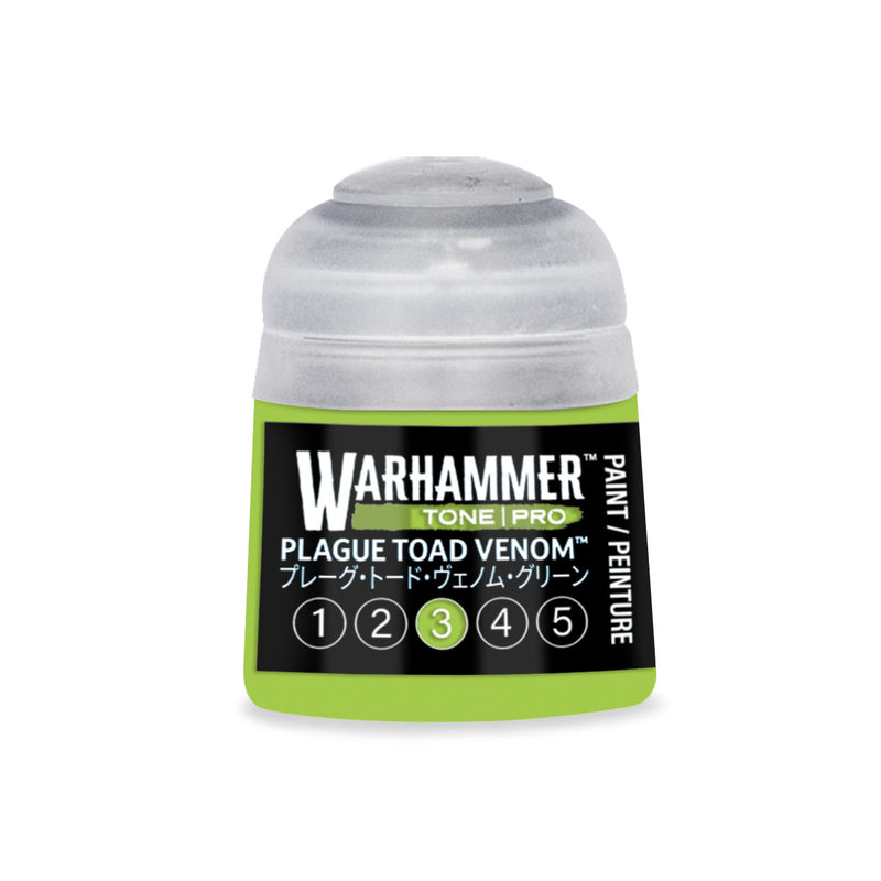 A Warhammer Tone Pro paint pot with a bright green base and a semi-translucent cap, featuring a Games Workshop label that reads Plague Toad Venom and highlights the number 3 within a row of five numbered circles.