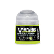 A small bottle of bright green Warhammer Tone Pro paint, featuring a label with the product name Plague Toad Venom and the number four circled.