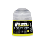 Small yellow Warhammer Tone Pro paint pot with a black label reading Plague Toad Venom and a row of five numbered circles, the fifth one highlighted.
