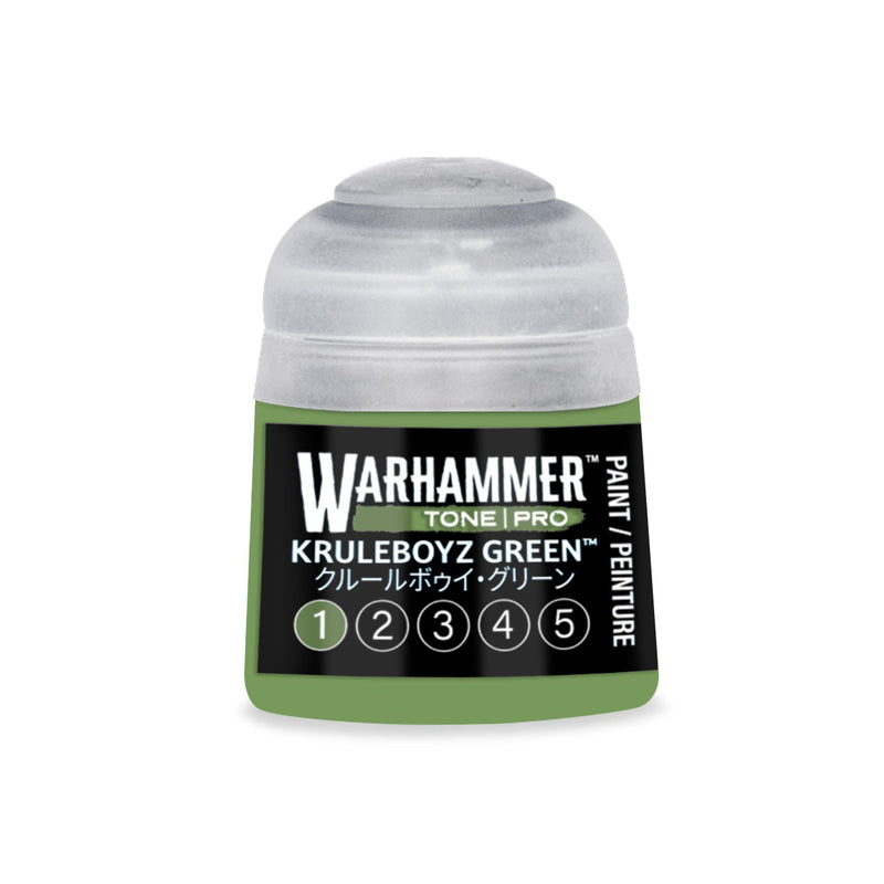 A bottle of Warhammer Tone Pro hobby paint in Kruleboyz Green, featuring a label with numbered circles from one to five.