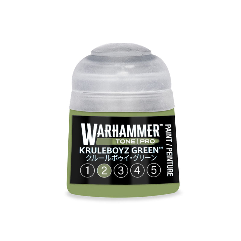 A pot of Warhammer Tone Pro Kruleboyz Green paint with a clear cap, labeled with the color name and a row of numbers from one to five.