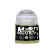 A pot of Warhammer Tone Pro Kruleboyz Green miniature paint featuring a numbered selection guide from one to five, with the third number highlighted in green.