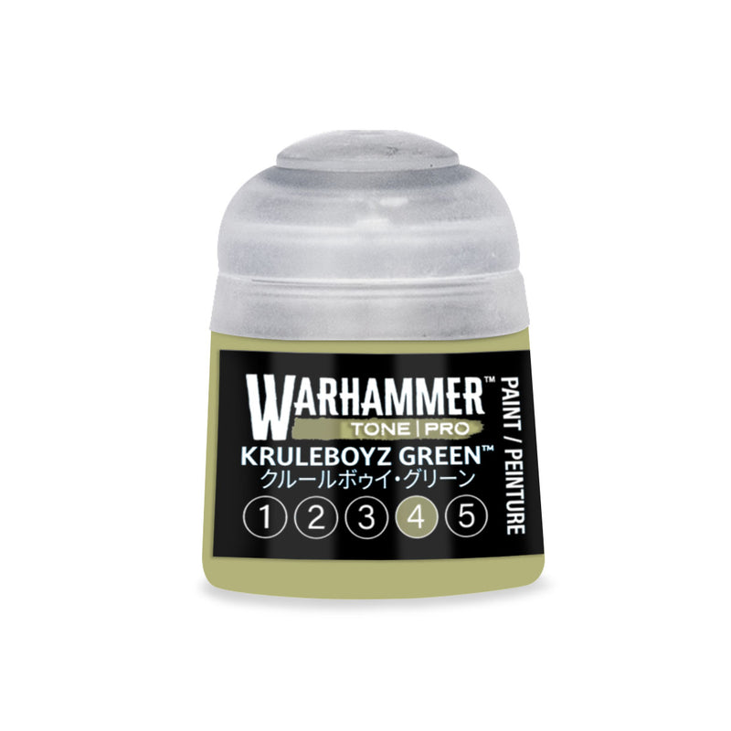 A small plastic pot of Warhammer Tone Pro acrylic paint in Kruleboyz Green, featuring a gray cap, a black label with the text Kruleboyz Green, and a row of numbers from one to five.