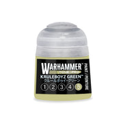 A small Warhammer Tone Pro paint pot with a light green base and a semi-transparent cap, featuring a label with the color name and a row of numbered circles with the number five highlighted.