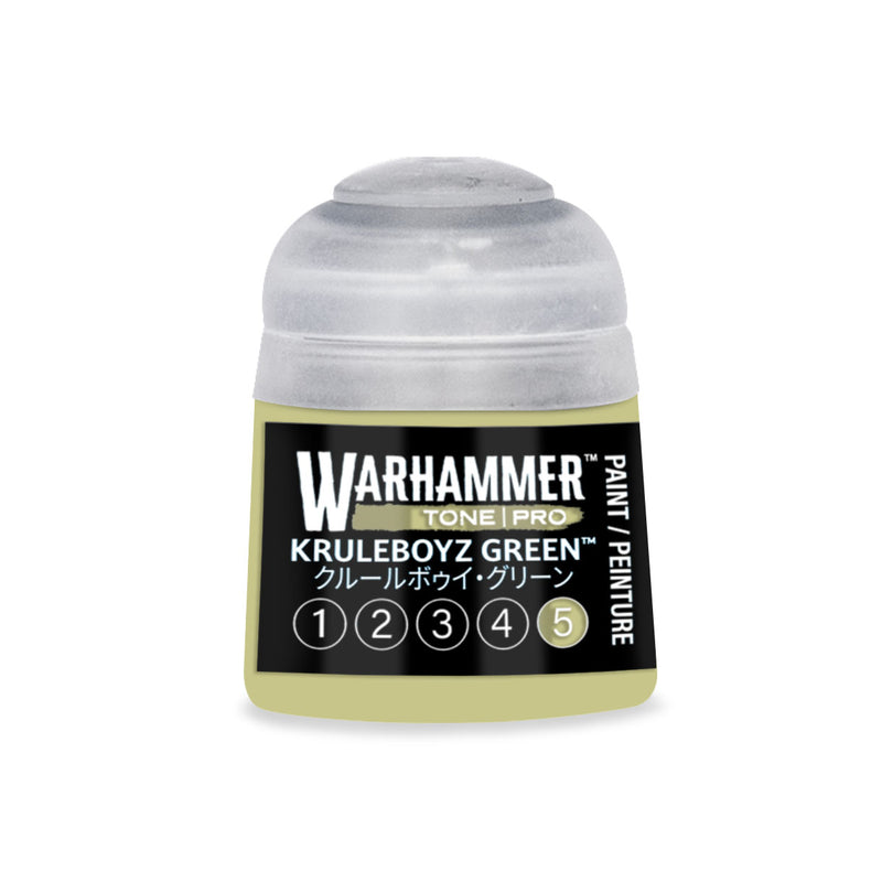 A small Warhammer Tone Pro paint pot with a light green base and a semi-transparent cap, featuring a label with the color name and a row of numbered circles with the number five highlighted.