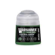 A small pot of Warhammer Tone Pro paint in Lustria Green, featuring a label with numbers one through five circled at the base.