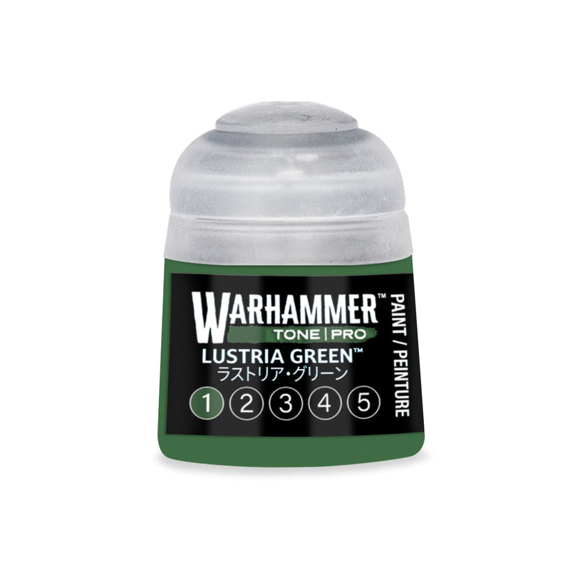 A small pot of Warhammer Tone Pro paint in Lustria Green, featuring a label with numbers one through five circled at the base.