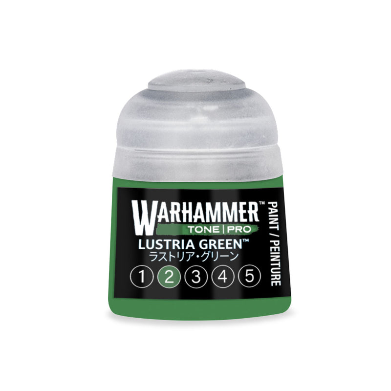 Warhammer Tone Pro paint pot in Lustria Green with a numbered scale from one to five on the label.
