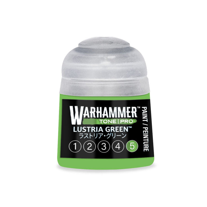 A pot of Warhammer Tone Pro in Lustria Green, featuring a label with the numbers one through five, with the number five circled.