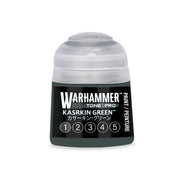 A Warhammer Tone Pro miniature paint pot featuring a dark green label labeled KASRKIN GREEN, with numbered circles from 1 to 5.