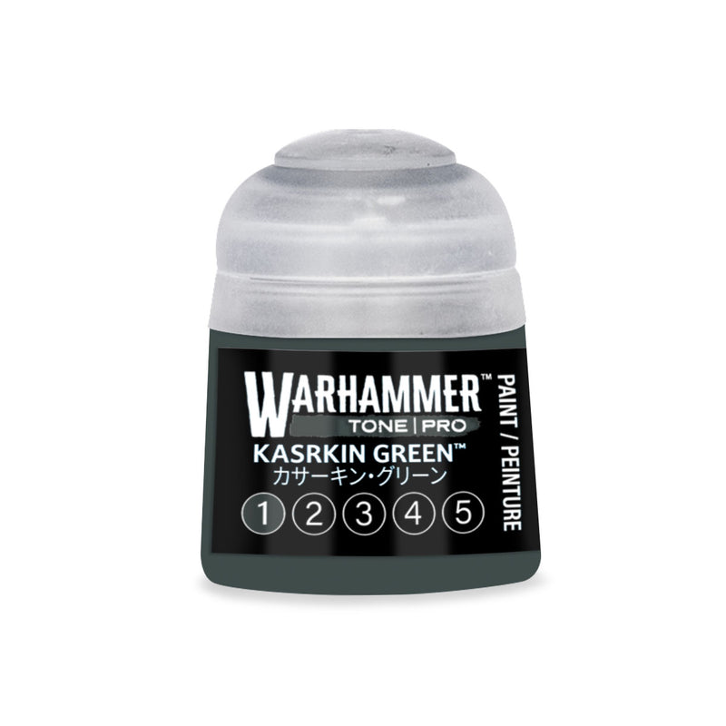 A Warhammer Tone Pro miniature paint pot featuring a dark green label labeled KASRKIN GREEN, with numbered circles from 1 to 5.
