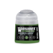 An olive green Warhammer Tone Pro paint pot with a Kasrkin Green label and a numbered scale from 1 to 5, featuring the number 3 highlighted.