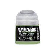 A pot of Warhammer Tone Pro olive green paint, featuring a Kasrkin Green label and a numbered scale from one to five.