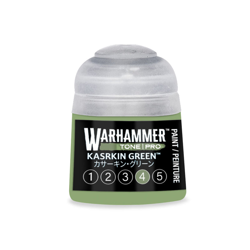 A pot of Warhammer Tone Pro olive green paint, featuring a Kasrkin Green label and a numbered scale from one to five.