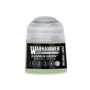 A pot of Warhammer Tone Pro Kasrkin Green paint featuring a numbering scale from one to five.