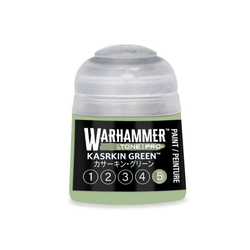 A pot of Warhammer Tone Pro Kasrkin Green paint featuring a numbering scale from one to five.