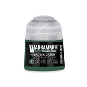 A small Warhammer Tone Pro paint pot with a translucent cap and a dark green label featuring the text Hierotek Green and a row of five numbered circles.