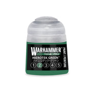 A Warhammer Tone Pro miniature paint pot labeled Hierotek Green, featuring a numbered scale from 1 to 5 with the number 2 highlighted.