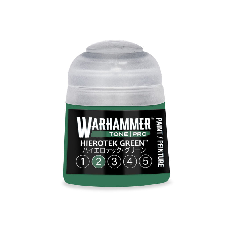 A Warhammer Tone Pro miniature paint pot labeled Hierotek Green, featuring a numbered scale from 1 to 5 with the number 2 highlighted.