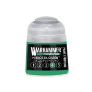 A Warhammer Tone Pro plastic bottle of Hierotek Green paint featuring a white cap.