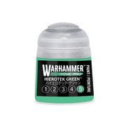 A plastic pot of Warhammer Tone Pro hobby paint in Hierotek Green, featuring a clear cap and a label marked with a circled number five.