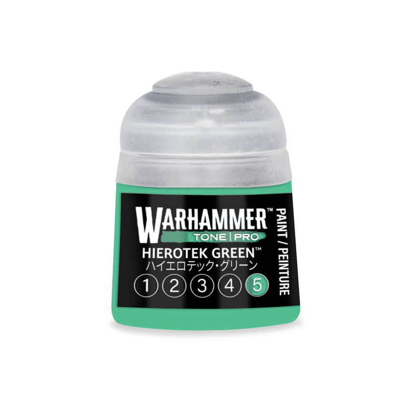 A plastic pot of Warhammer Tone Pro hobby paint in Hierotek Green, featuring a clear cap and a label marked with a circled number five.