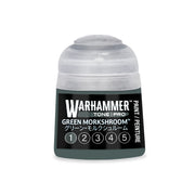 A small Games Workshop plastic pot of dark green Warhammer Tone Pro paint labeled Green Morkshroom with a row of numbers from one to five.