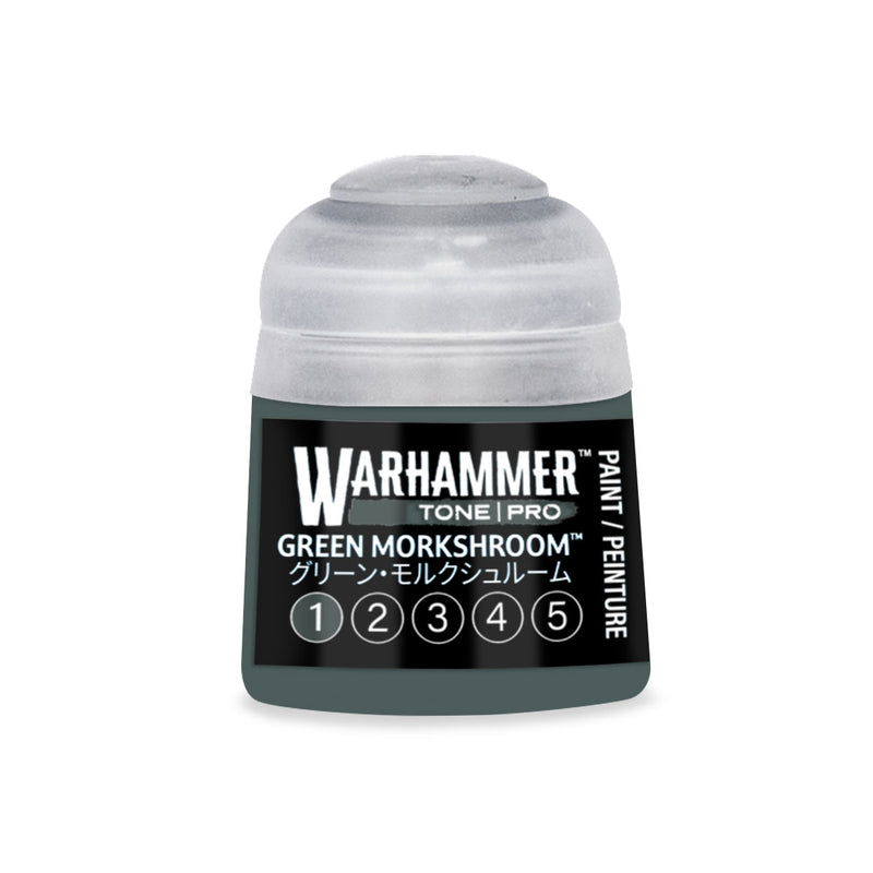 A small Games Workshop plastic pot of dark green Warhammer Tone Pro paint labeled Green Morkshroom with a row of numbers from one to five.