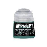Warhammer Tone Pro paint pot with a dark green label featuring the text Green Morkshroom and a row of numbers from one to five with the number two highlighted.