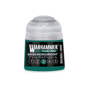 A Warhammer Tone Pro paint pot with a dark green base, a gray cap, and a label reading Green Morkshroom with a scale from 1 to 5 highlighting the number 3.
