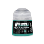 Teal Warhammer Tone Pro paint pot labeled Green Morkshroom, featuring a numbered scale from one to five.
