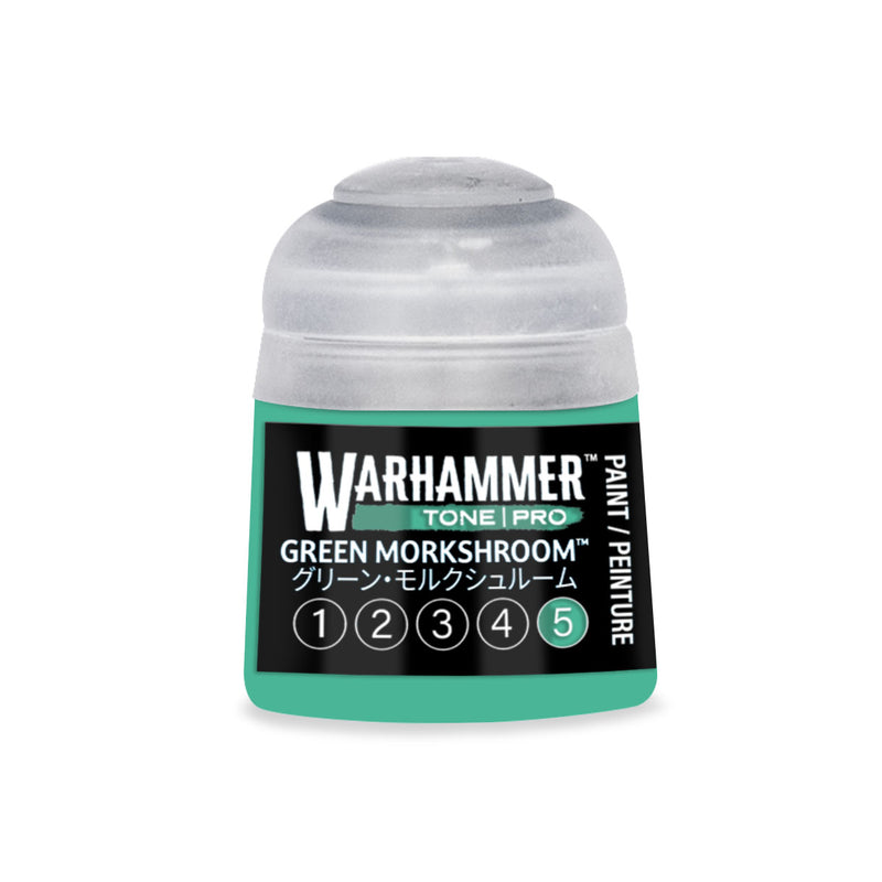 Small pot of Warhammer Tone Pro Green Morkshroom paint featuring a numbered scale from one to five with five highlighted.