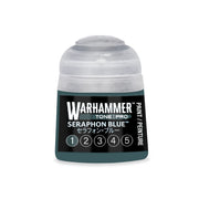 A pot of dark blue Warhammer Tone Pro hobby paint with a label reading Seraphon Blue and a row of numbers from one to five.