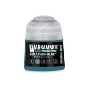 A teal-colored Warhammer Tone Pro paint pot with a clear cap, featuring a Seraphon Blue label and a circular numbered scale from one to five with the number two highlighted.