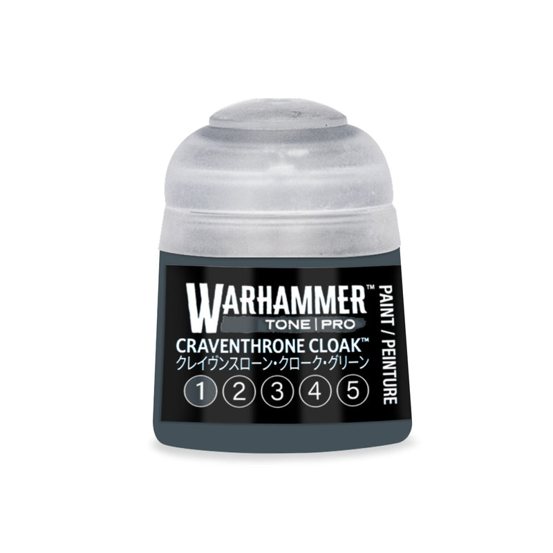 A Warhammer Tone Pro plastic paint pot labeled Craventhrone Cloak with a numeric scale from one to five.