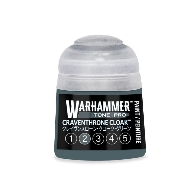 A pot of Warhammer Tone Pro dark green paint labeled Craventhrone Cloak, featuring a row of numbers one through five enclosed in circles.