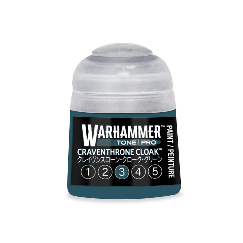 A Games Workshop paint pot labeled Craventhrone Cloak, featuring a Warhammer Tone Pro numbered scale from one to five with the third option highlighted in teal.