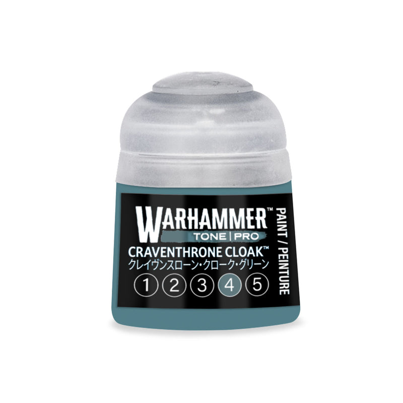 A Warhammer Tone Pro paint pot labeled Craventhrone Cloak with a numeric scale from one to five at the bottom.