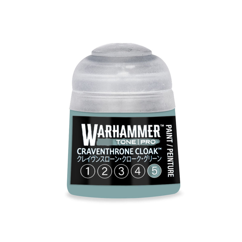 A teal Warhammer Tone Pro paint pot labeled Craventhrone Cloak with a circular icon highlighting the number five.