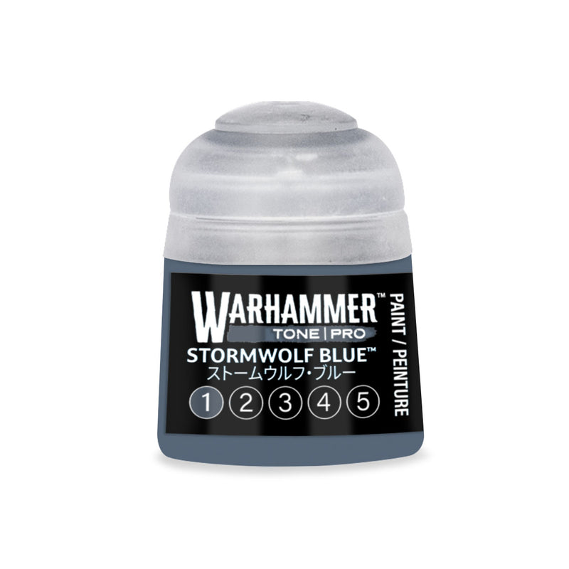 A Warhammer Tone Pro paint pot labeled Stormwolf Blue, featuring a series of five numbered circles at the bottom of the container.