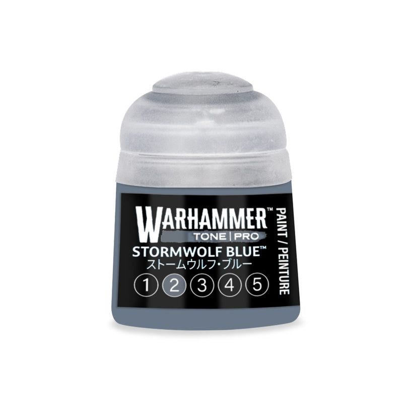 A bottle of Warhammer Tone Pro hobby paint in Stormwolf Blue, featuring a label with a row of numbers from one to five.